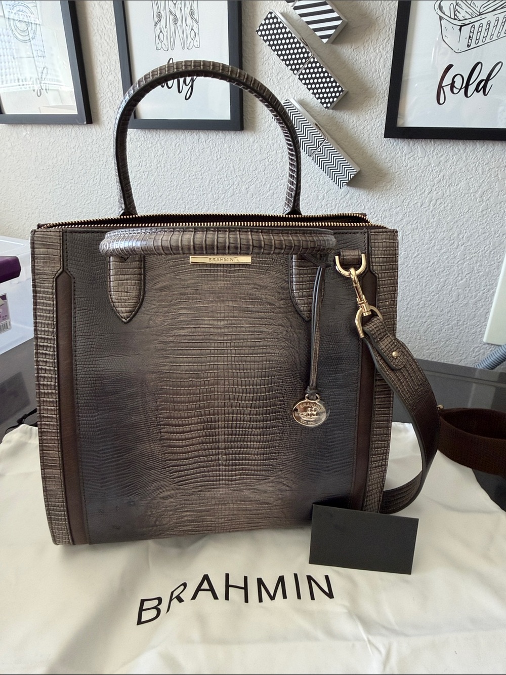 Brahmin Dark Brown Lizard-Embossed Satchel with Gold Hardware